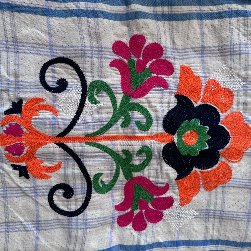 NWT We The Free Blue Plaid Sashiko Flannel Shirt with Floral Embroidery M - Picture 7 of 11